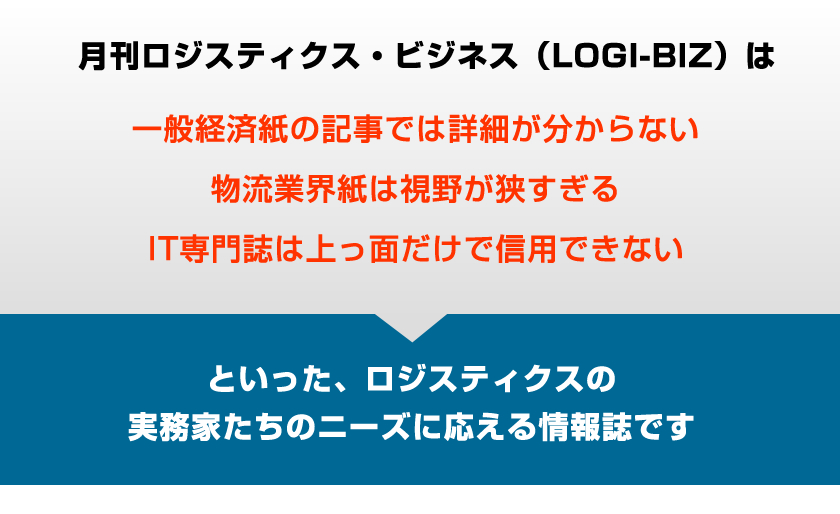 月刊ロジスティクス・ビジネス（LOGI-BIZ）は、一般経済紙の記事では詳細が分からない、物流業界紙は視野が狭すぎる、IT専門誌は上っ面だけで信用できないといった、ロジスティクスの実務家たちのニーズに応える情報誌です。